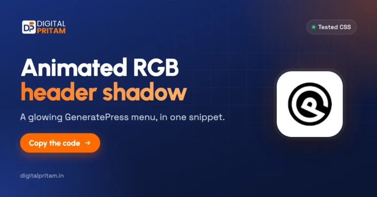 GeneratePress navigation with the animated RGB shadow at 0, 1.3 and 2.6 seconds: red, green and blue glow
