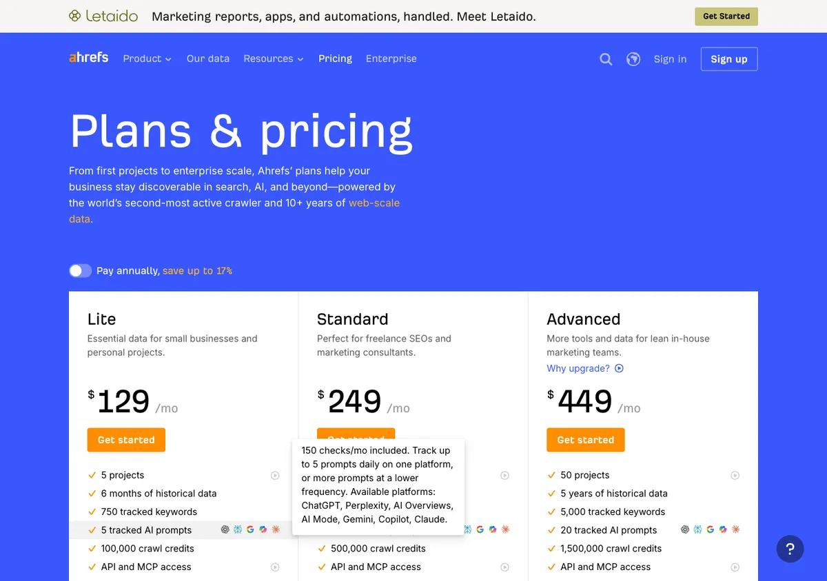 Ahrefs official pricing page showing plan prices, 17 Oct 2026