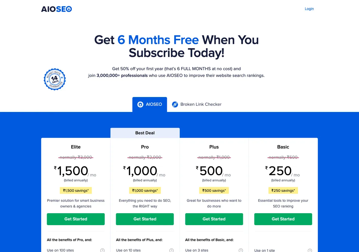 AIOSEO official pricing page showing plan prices, 17 Oct 2026