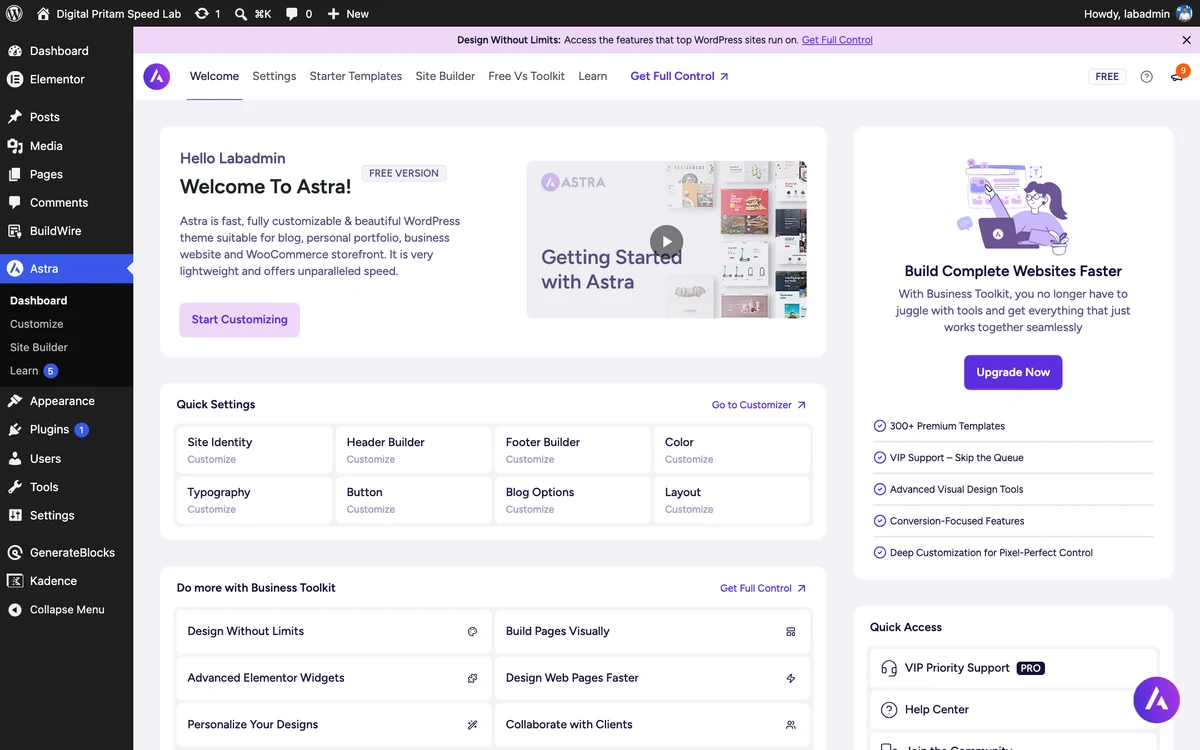 Astra theme dashboard