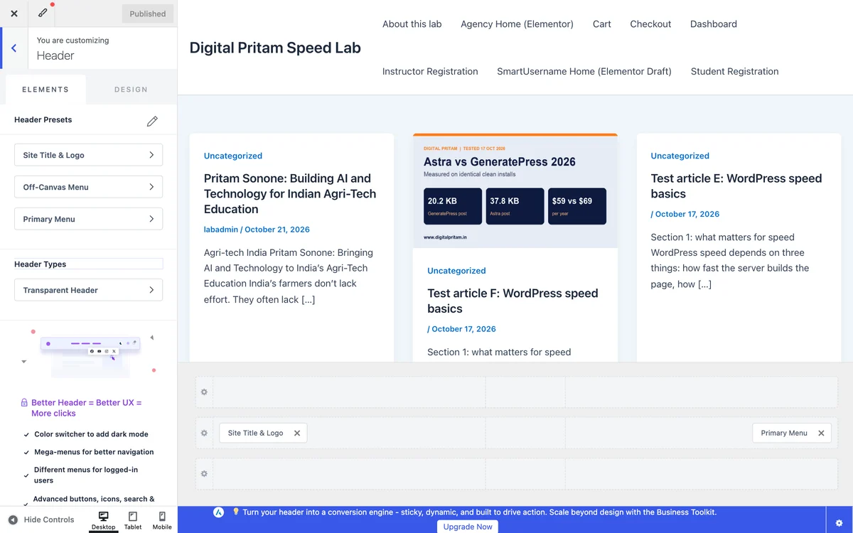 Astra in the WordPress Customizer