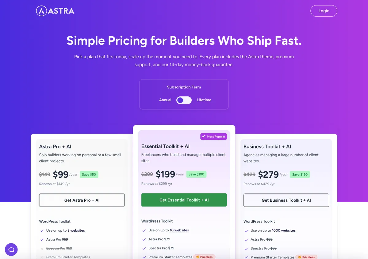 Astra official pricing page showing plan prices, 17 Oct 2026