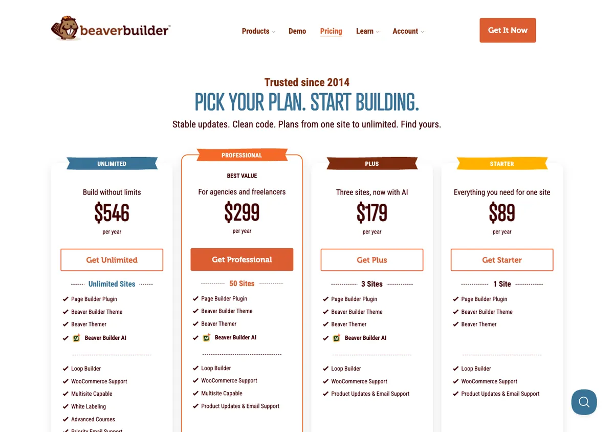 Beaver Builder official pricing page showing plan prices, 17 Oct 2026