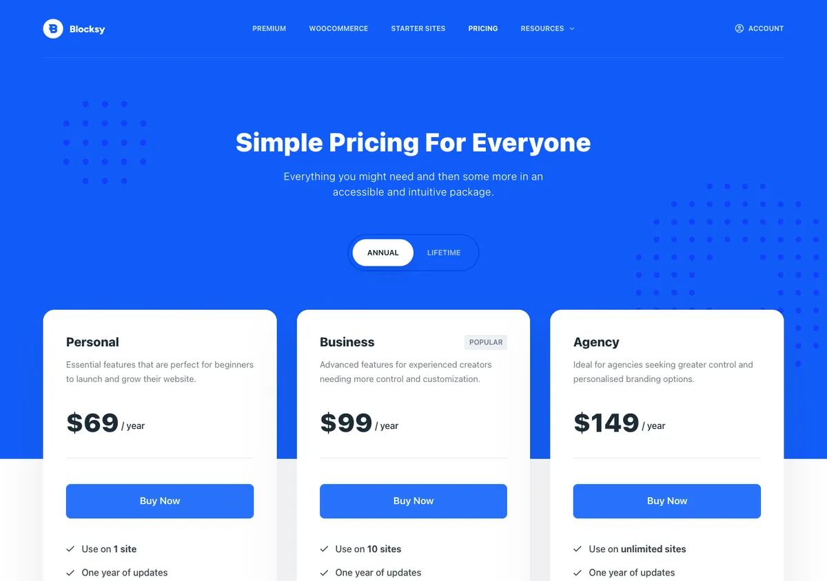 Blocksy official pricing page showing plan prices, 17 Oct 2026