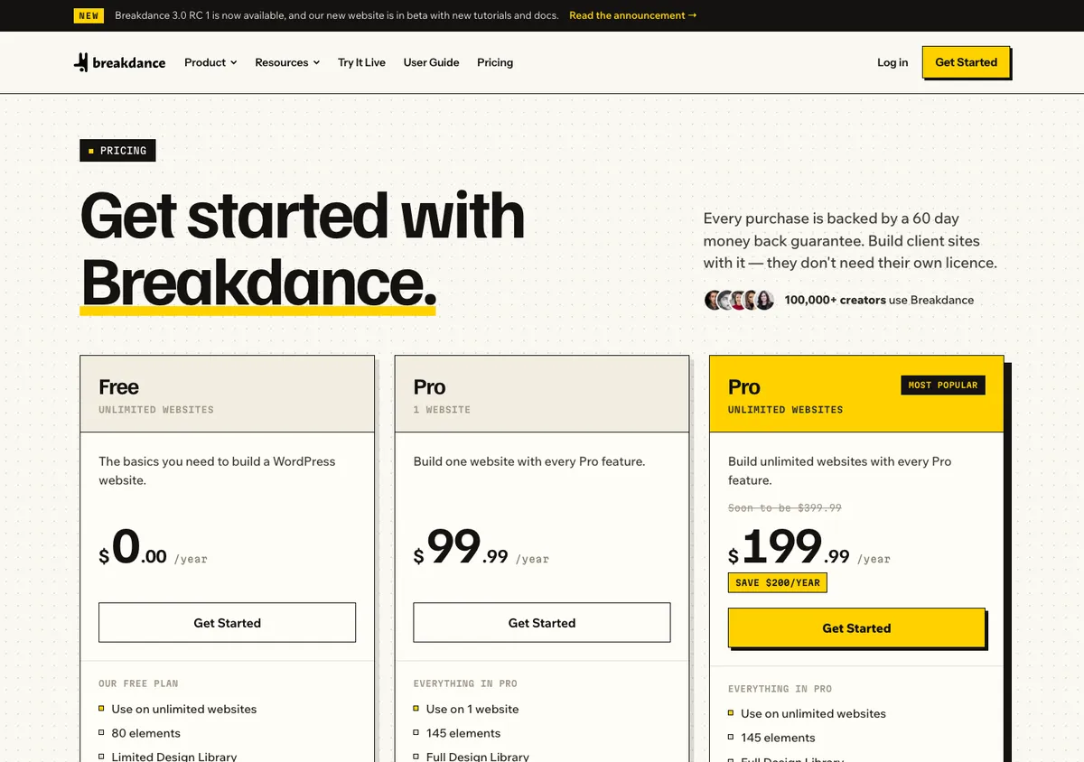 Breakdance official pricing page showing plan prices, 17 Oct 2026