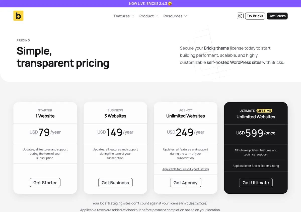 Bricks official pricing page showing plan prices, 17 Oct 2026