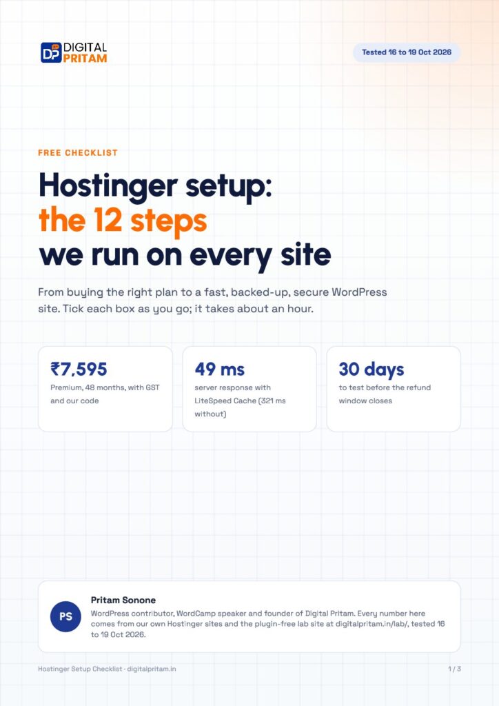 Hostinger Setup Checklist PDF cover by Digital Pritam