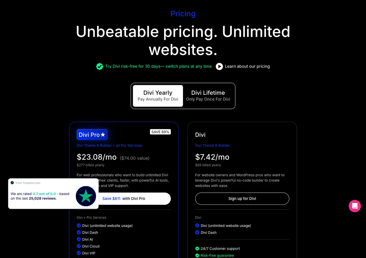Divi official pricing page showing plan prices, 17 Oct 2026