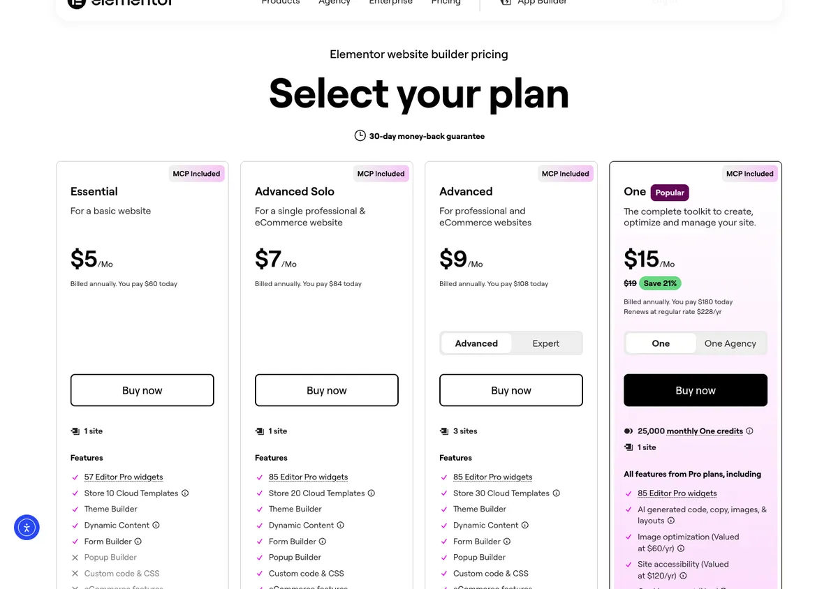 Elementor official pricing page showing plan prices, 17 Oct 2026