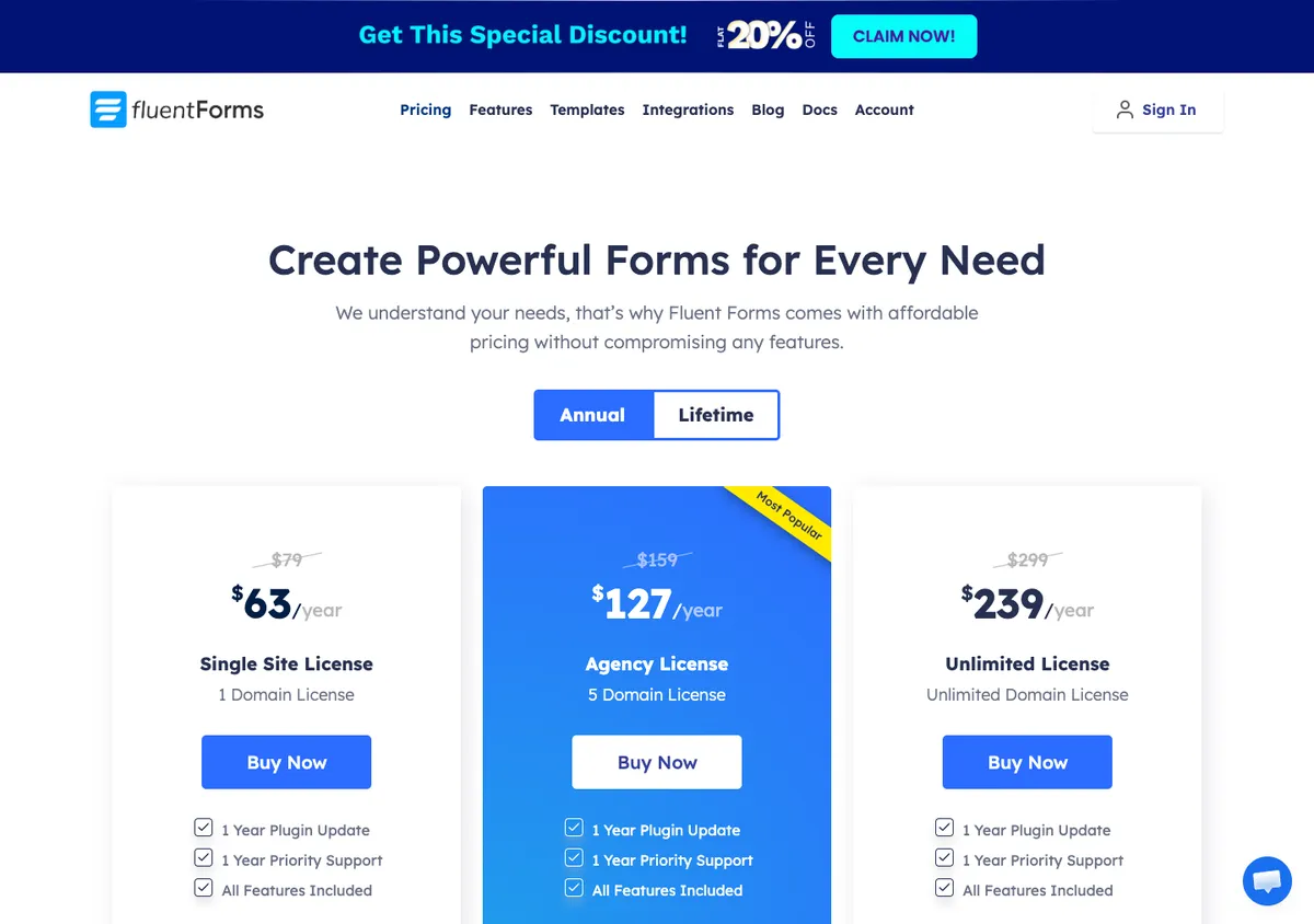 Fluent Forms official pricing page showing plan prices, 17 Oct 2026
