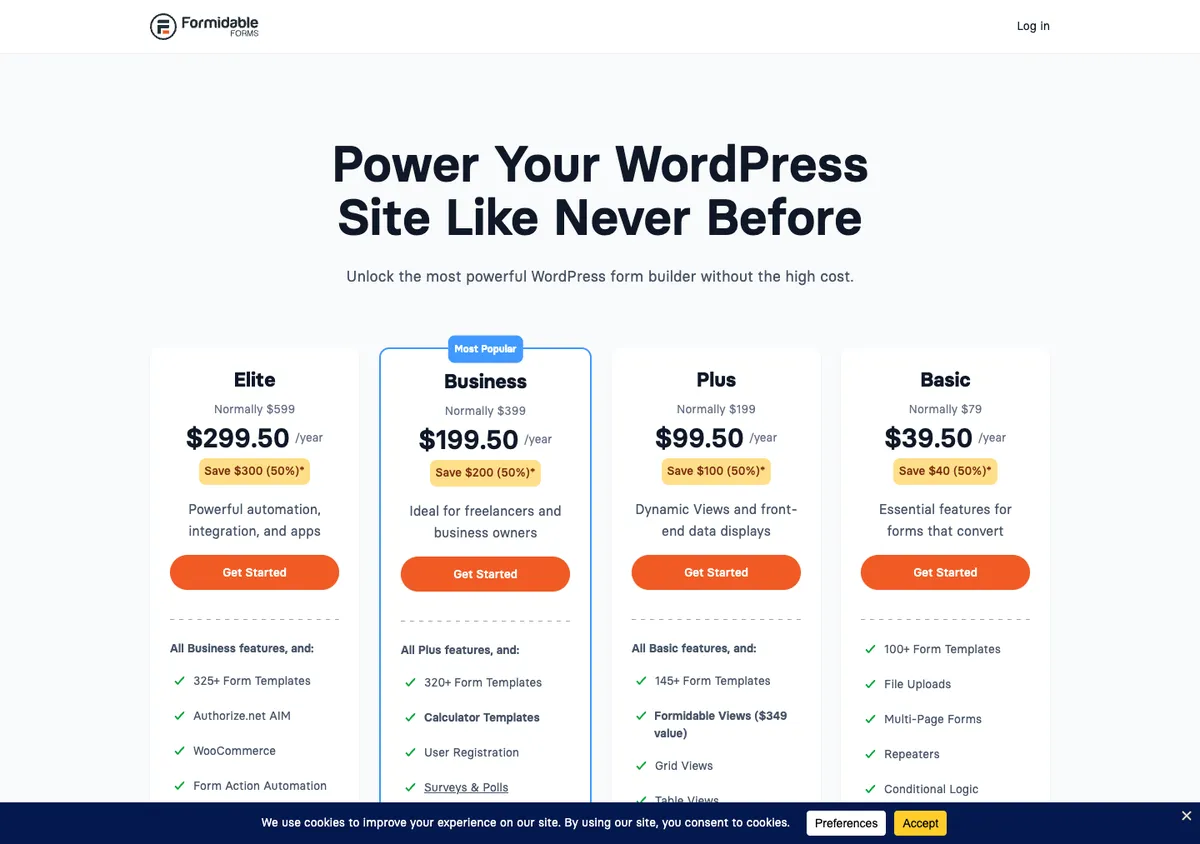 Formidable Forms official pricing page showing plan prices, 17 Oct 2026