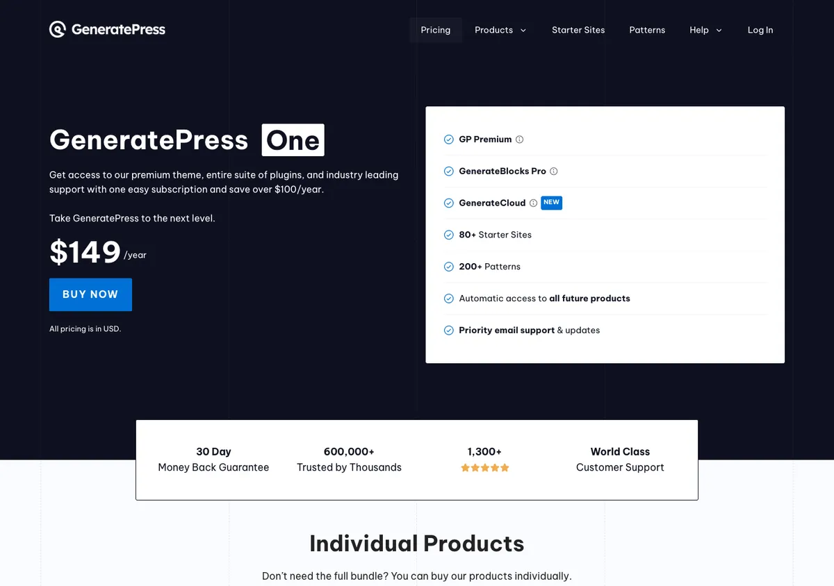 GeneratePress official pricing page showing plan prices, 17 Oct 2026