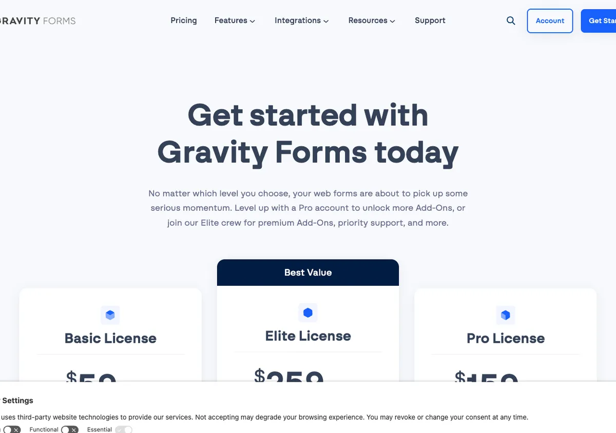 Gravity Forms official pricing page showing plan prices, 17 Oct 2026