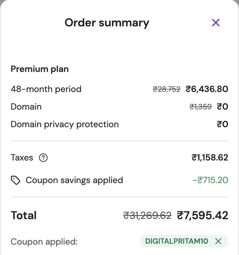 Hostinger India checkout with coupon DIGITALPRITAM10 applied, Premium 48 months, 16 October 2026
