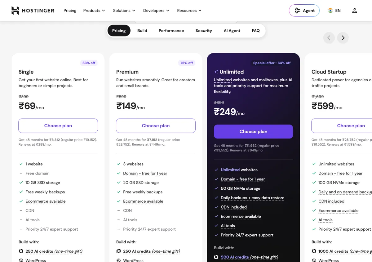Hostinger India official pricing page showing plan prices, 16 Oct 2026
