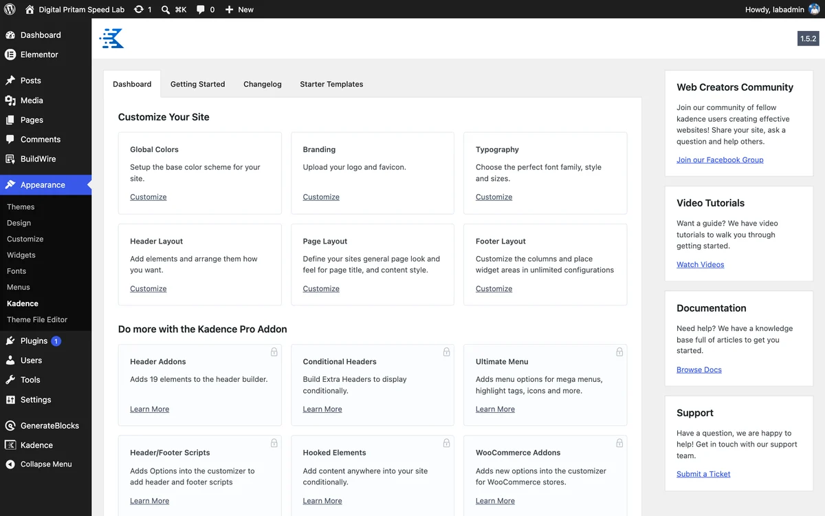 Kadence theme dashboard