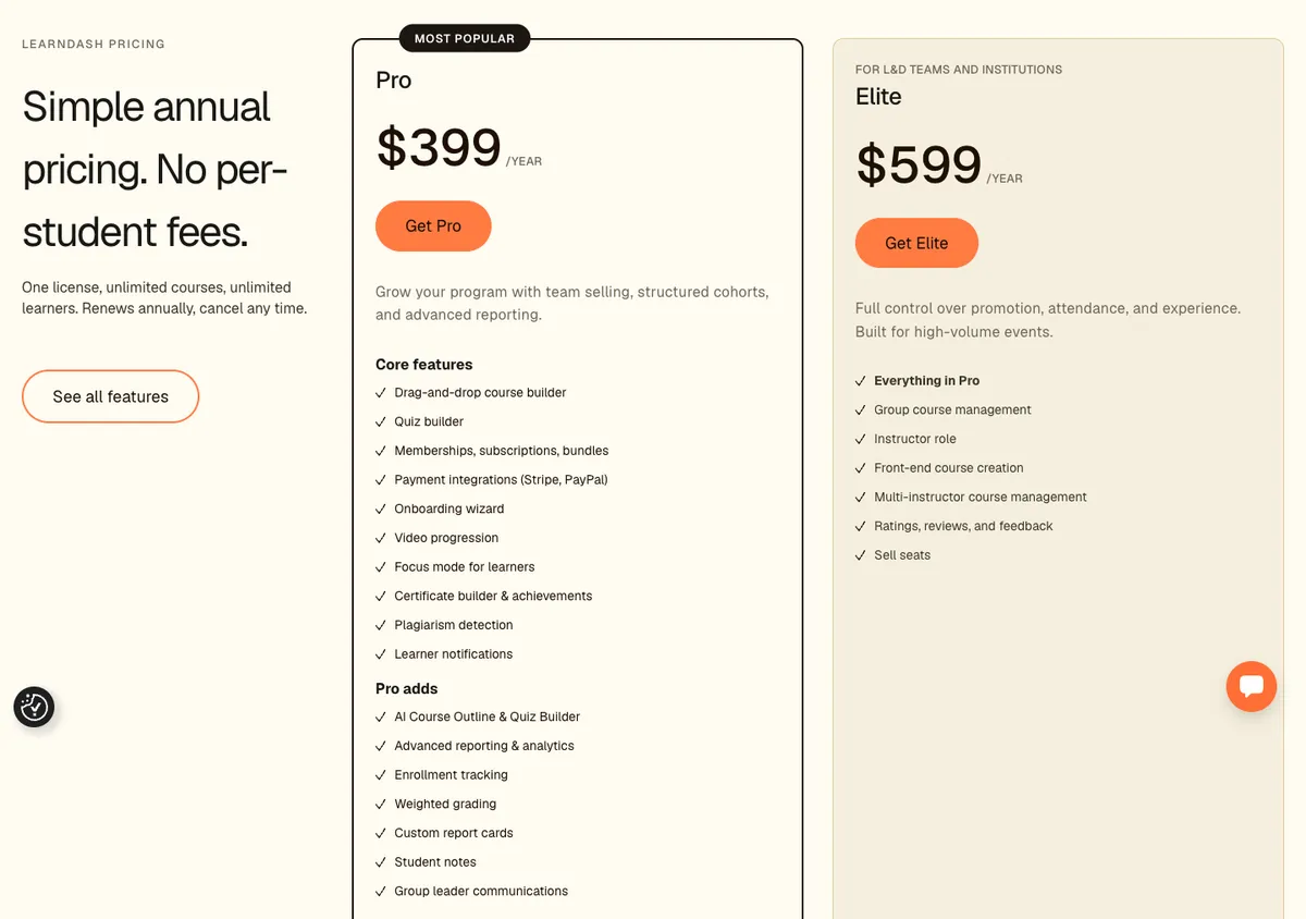 LearnDash official pricing page showing plan prices, 17 Oct 2026