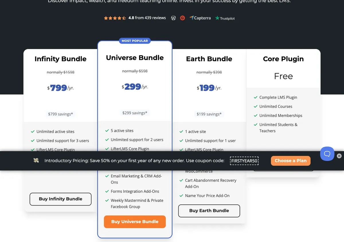 LifterLMS official pricing page showing plan prices, 17 Oct 2026