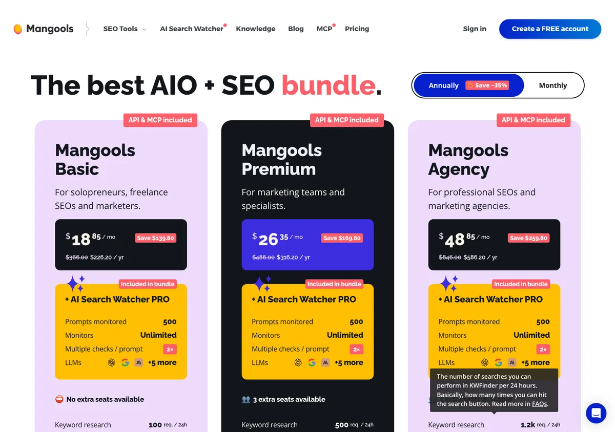 Mangools official pricing page showing plan prices, 17 Oct 2026