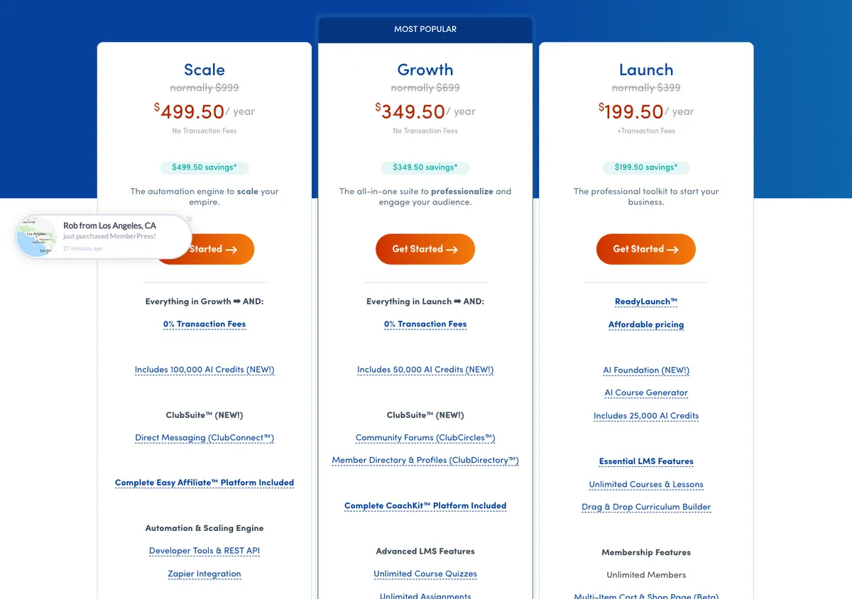 MemberPress official pricing page showing plan prices, 17 Oct 2026