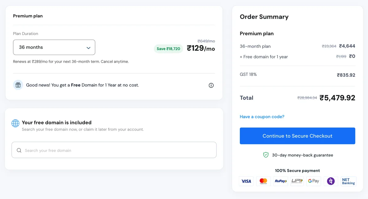 MilesWeb cart for Premium, 36 months, 19 Oct 2026
