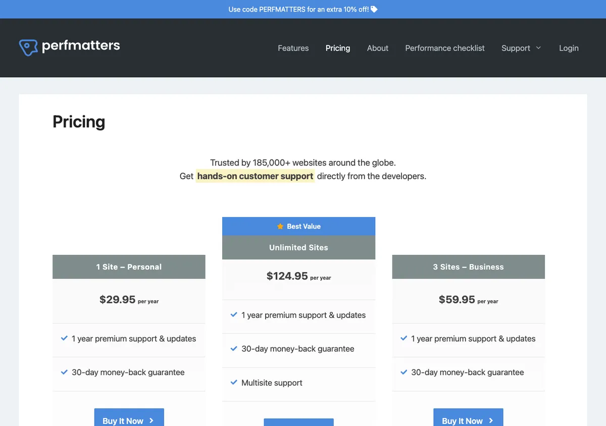 Perfmatters official pricing page showing plan prices, 17 Oct 2026