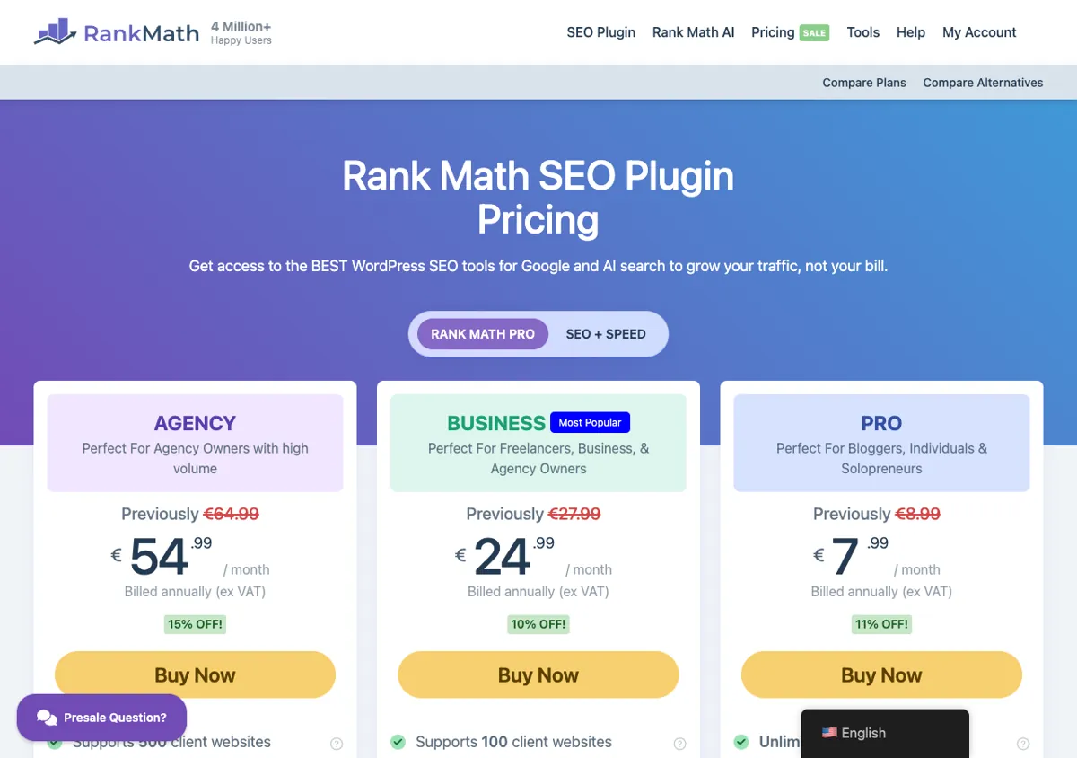 Rank Math official pricing page showing plan prices, 16 Oct 2026