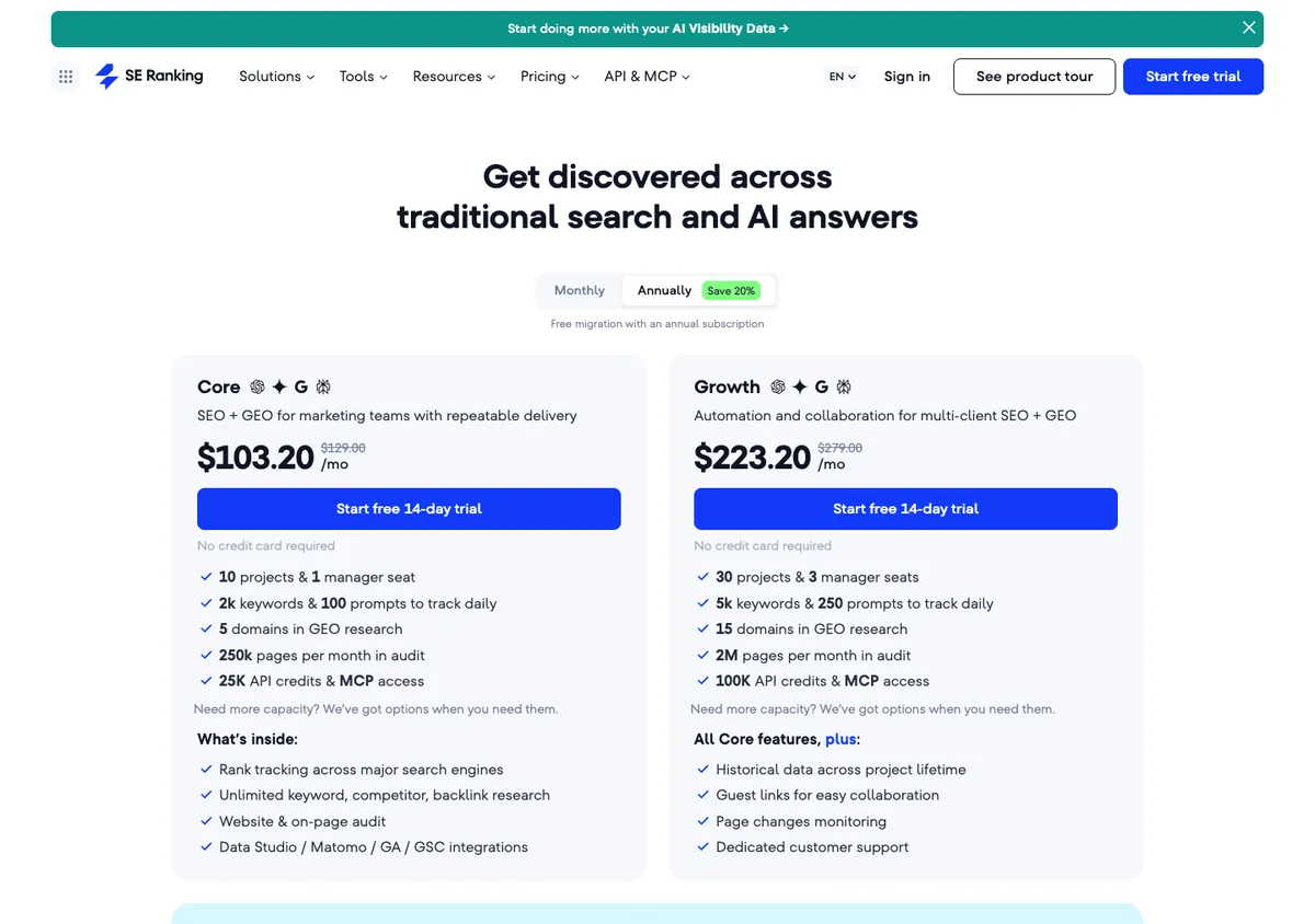SE Ranking official pricing page showing plan prices, 17 Oct 2026