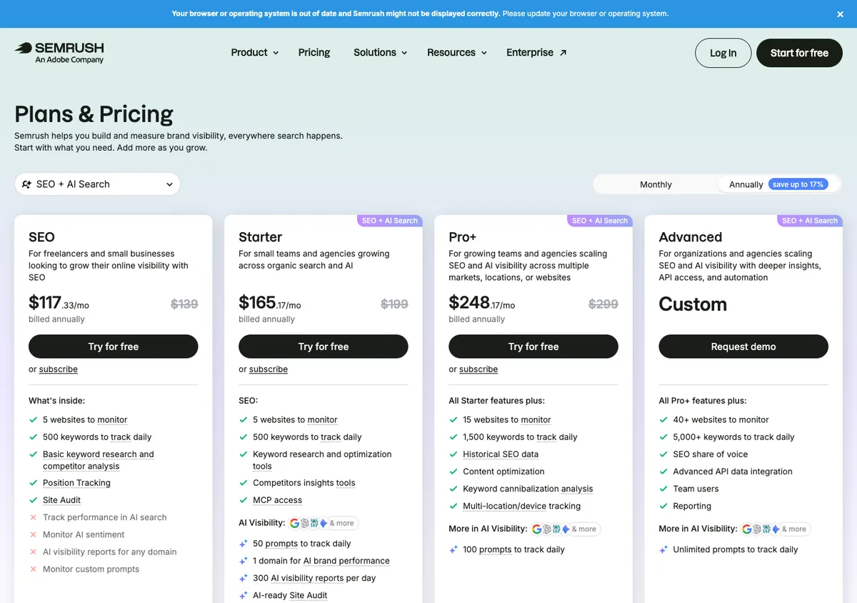 Semrush official pricing page showing plan prices, 17 Oct 2026