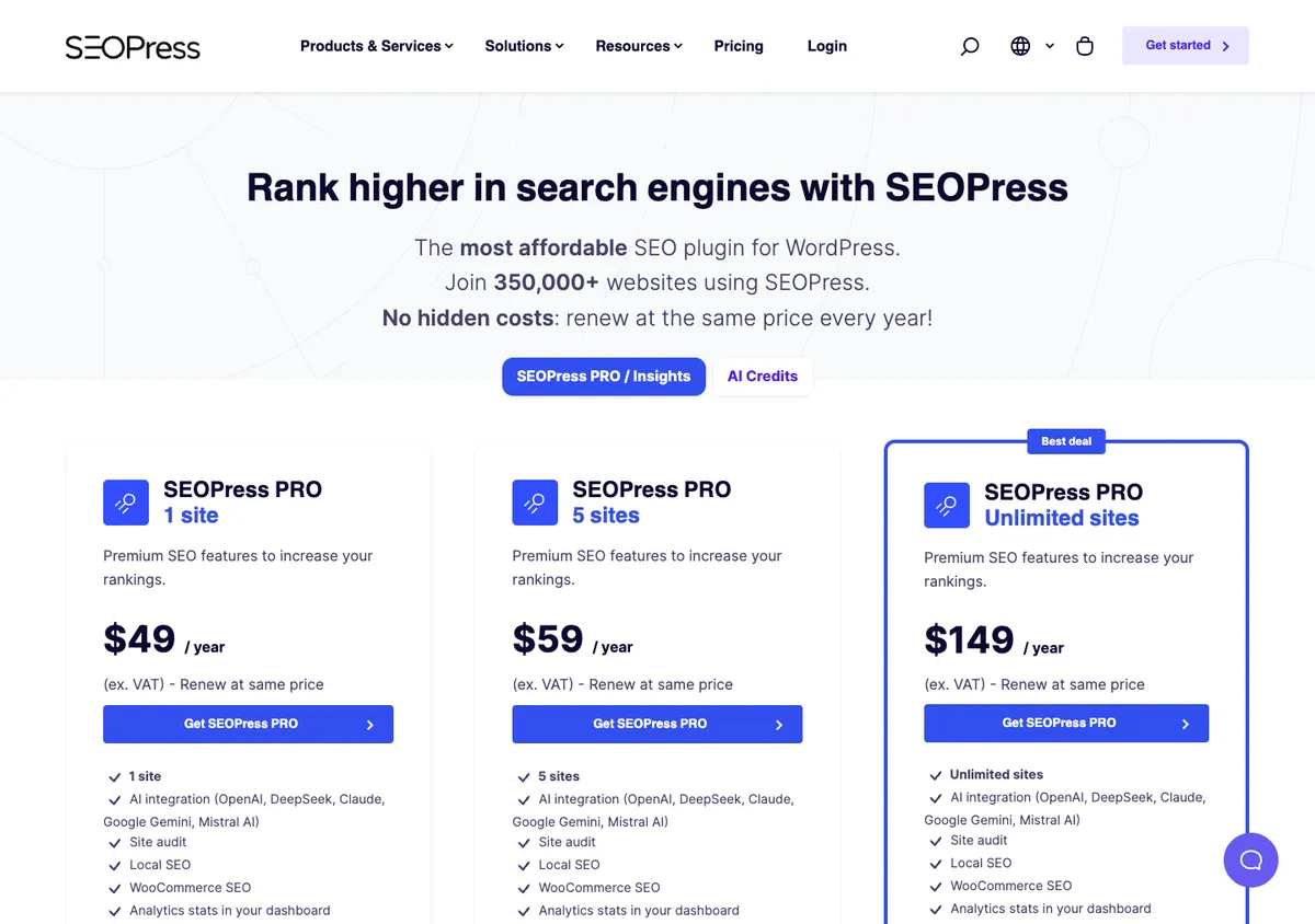 SEOPress official pricing page showing plan prices, 17 Oct 2026