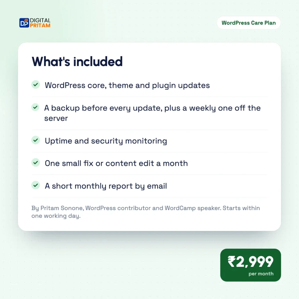 WordPress Care Plan (1 month) preview page