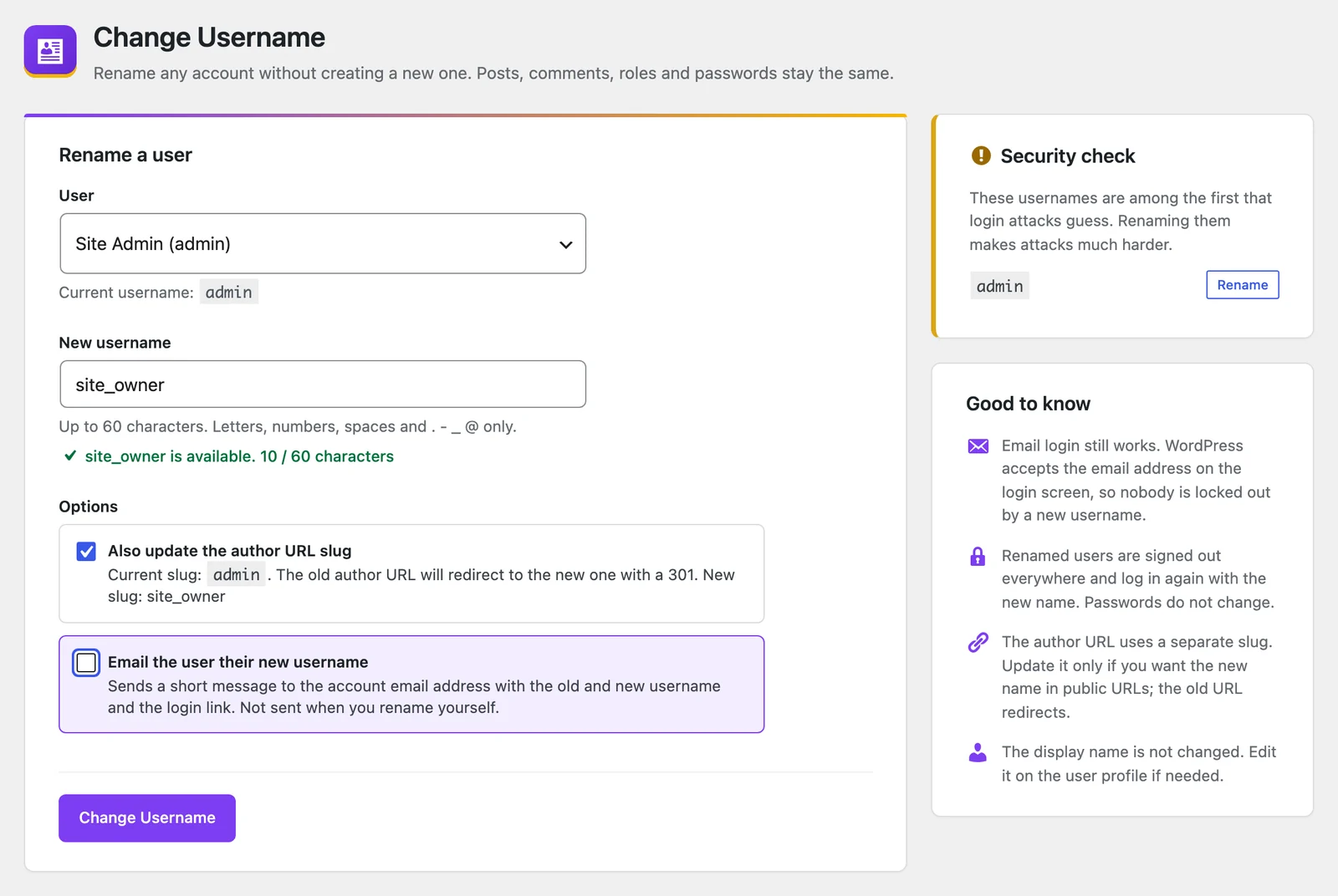 The SmartUsername Change Username screen with Site Admin (admin) selected, site_owner typed as the new username and marked available, and the author URL slug option ticked