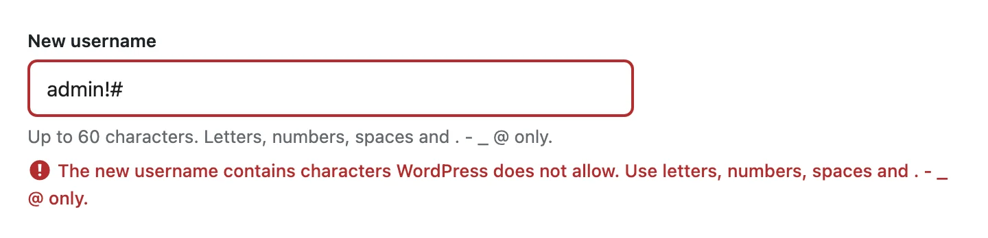 SmartUsername error message saying the new username admin!# contains characters WordPress does not allow
