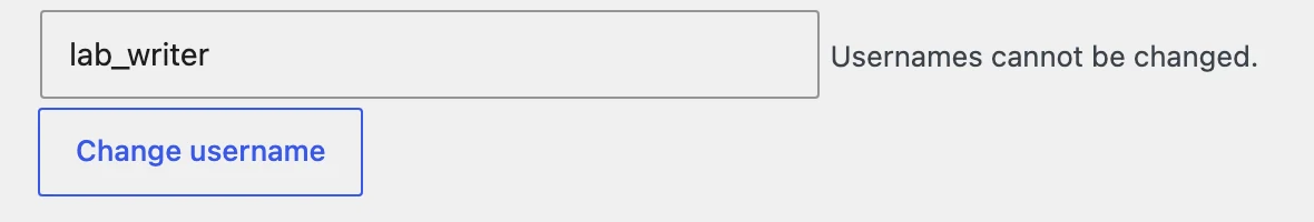 The WordPress Edit User screen with the Change username button under the read-only Username field