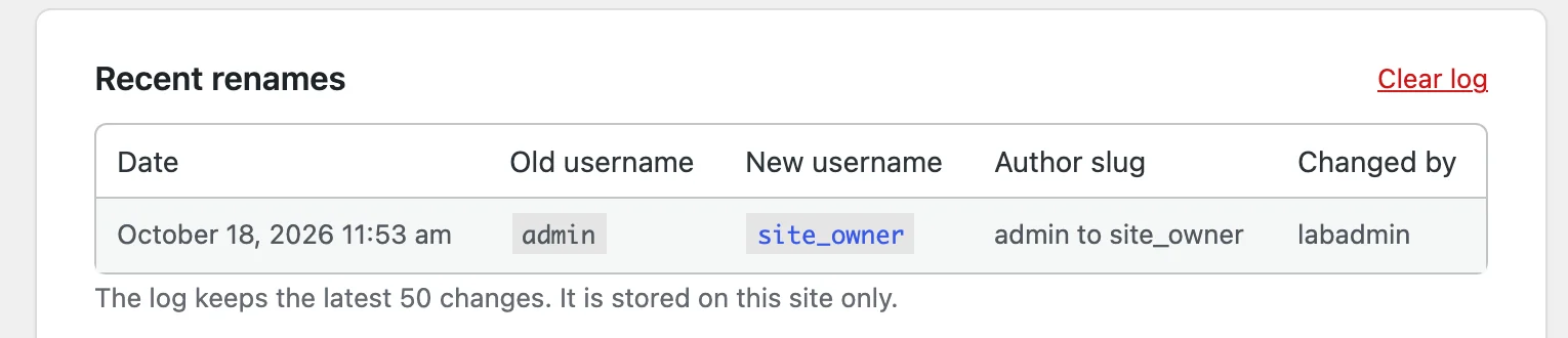 The SmartUsername Recent renames log showing admin renamed to site_owner, author slug admin to site_owner, changed by labadmin