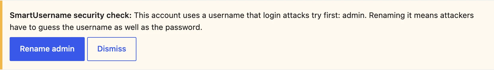 SmartUsername security check notice on the WordPress Dashboard warning that an account uses the username admin, with Rename admin and Dismiss buttons