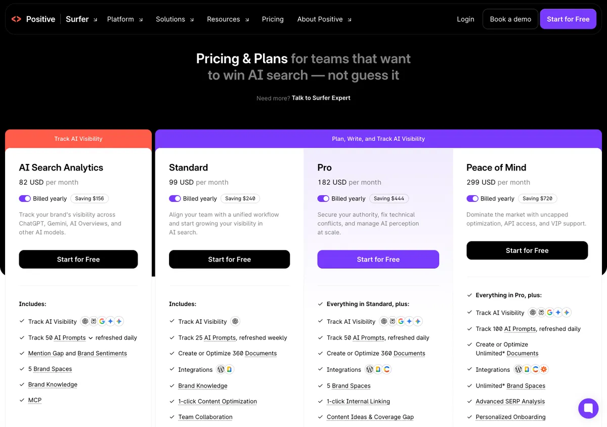 Surfer SEO official pricing page showing plan prices, 17 Oct 2026