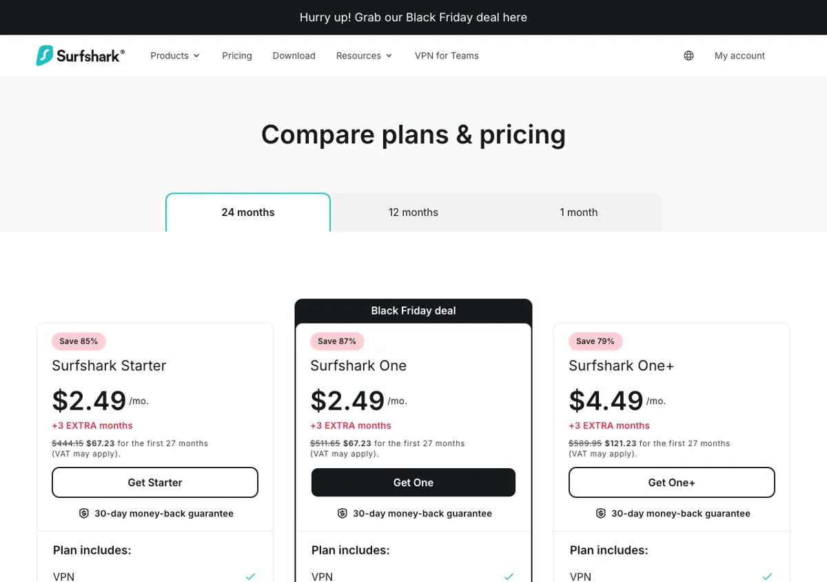 Surfshark official pricing page showing plan prices, 16 Oct 2026