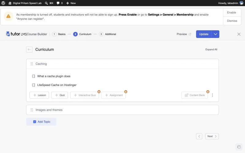 Tutor LMS course builder curriculum screen with topics and lessons