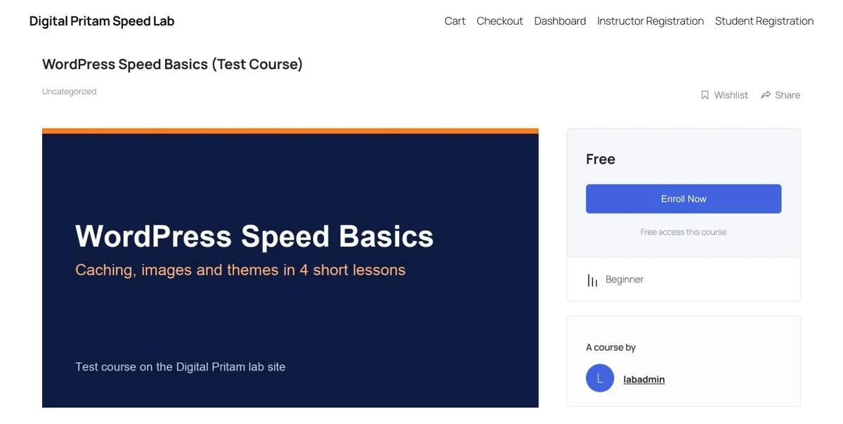 Tutor LMS free course page with Enroll Now button