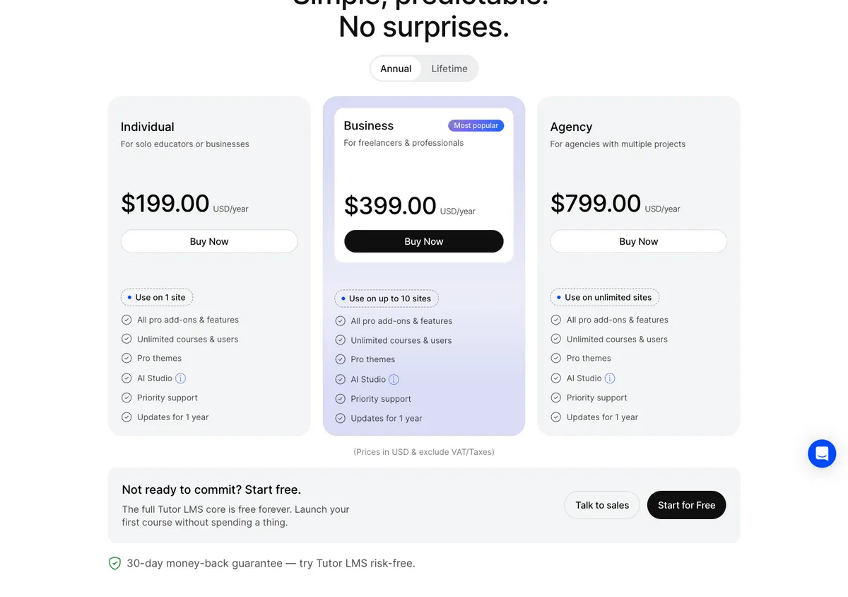 Tutor LMS official pricing page showing plan prices, 17 Oct 2026