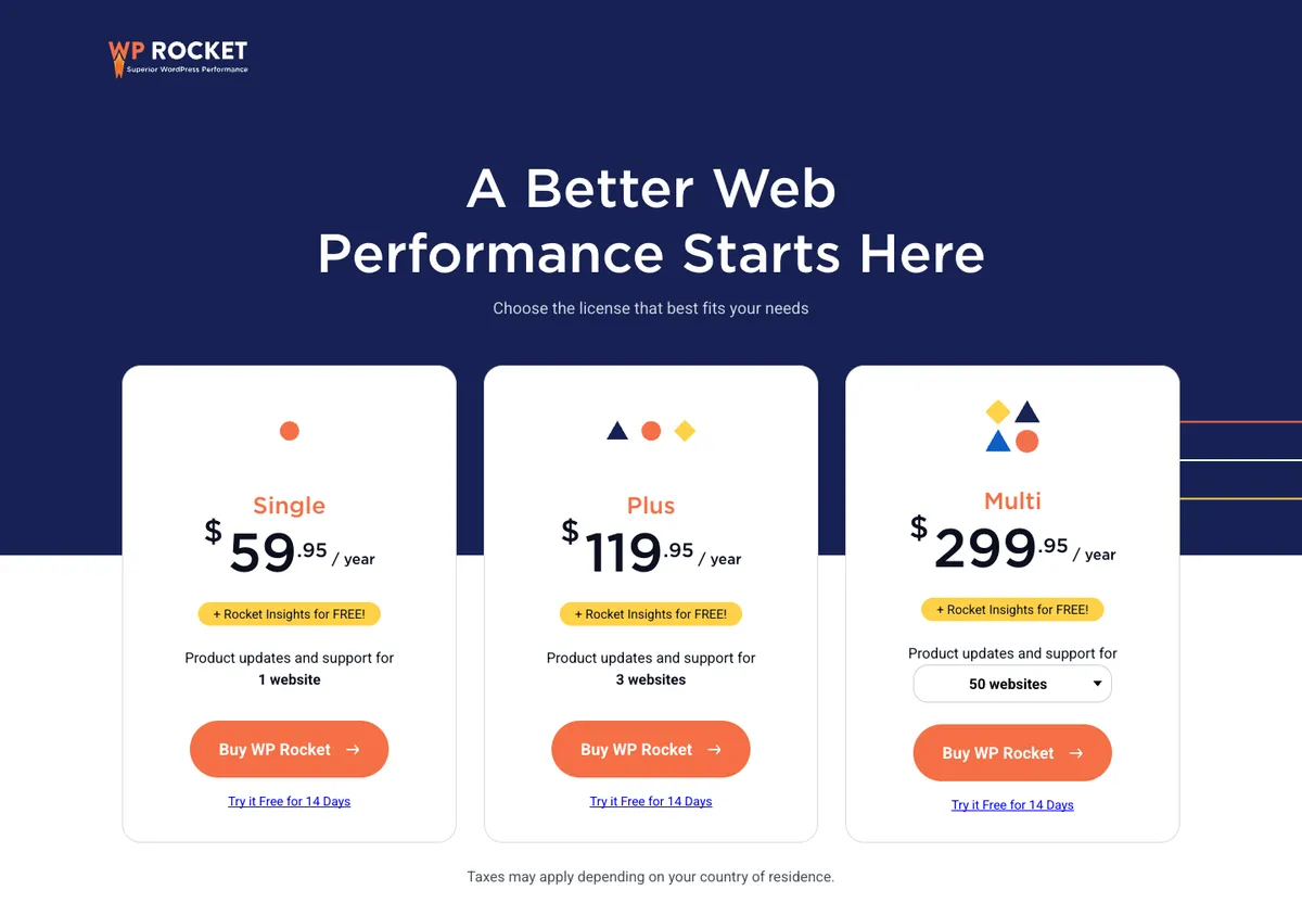 WP Rocket official pricing page showing plan prices, 17 Oct 2026