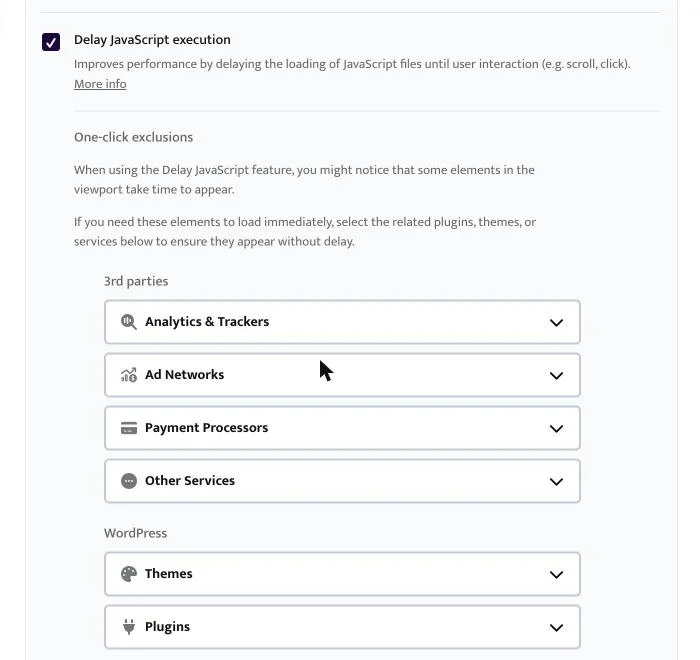 WP Rocket Delay JavaScript execution enabled with one-click exclusions