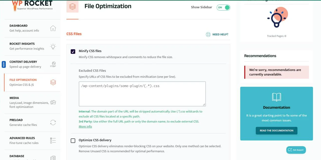 WP Rocket File Optimization settings on investmarathi.com