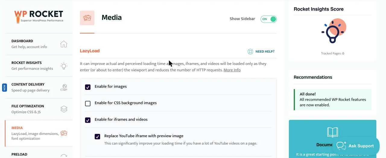 WP Rocket Media tab with LazyLoad for images and iframes enabled