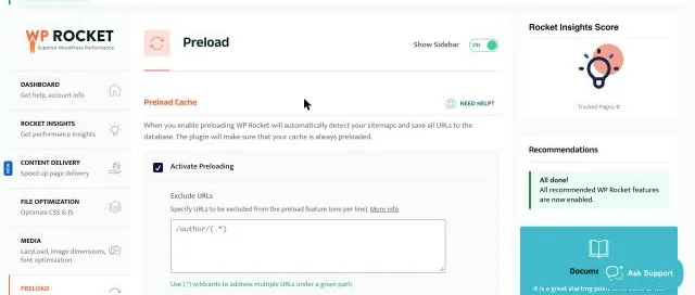 WP Rocket Preload tab with Activate Preloading enabled