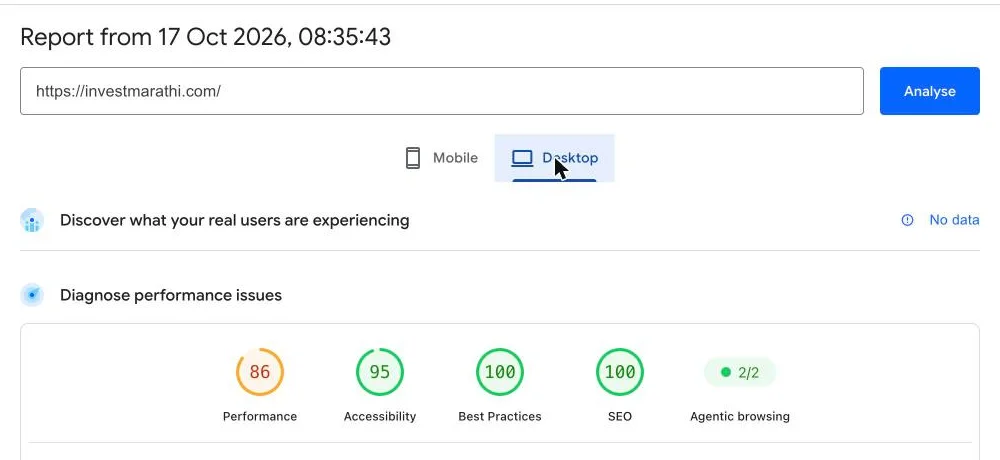 PageSpeed Insights desktop report for investmarathi.com with WP Rocket: performance 86