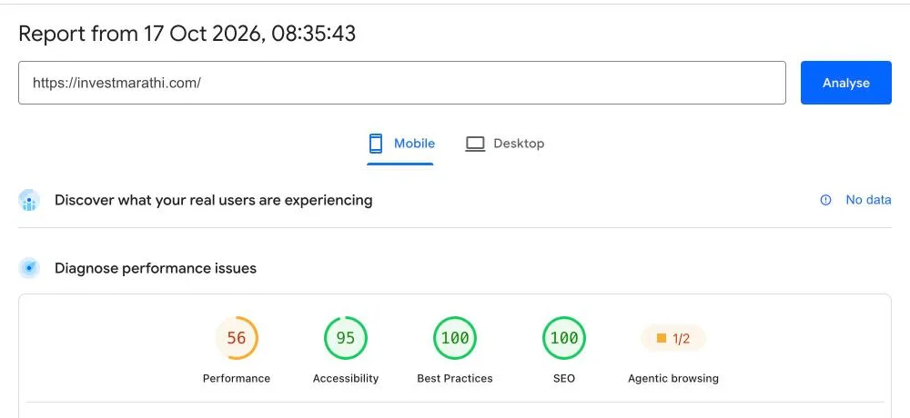 PageSpeed Insights mobile report for investmarathi.com with WP Rocket: performance 56