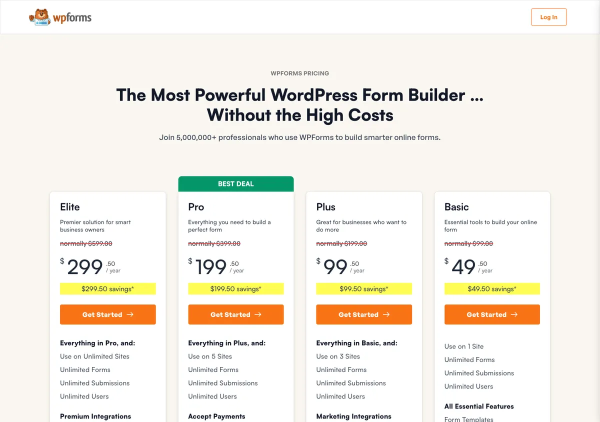 WPForms official pricing page showing plan prices, 17 Oct 2026